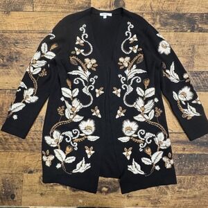 Chicos Black Embroidered Open‎ Front Cardigan Sweater Womens XL